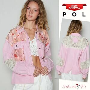 POL Lace Details Printed Woven Mix Raw Hem Pockets Buttoned Denim Jacket | Pink
